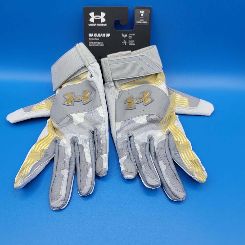 Under Armour Men's UA Clean Up Baseball Batting Gloves Sz Medium Gray Gold New